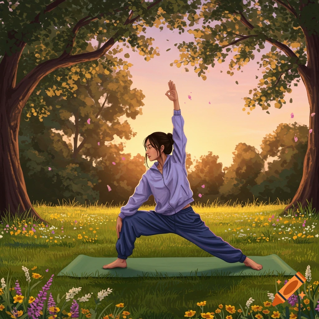 Illustrated woman doing yoga on a mat in a sunny park with trees and wildflowers at sunset.