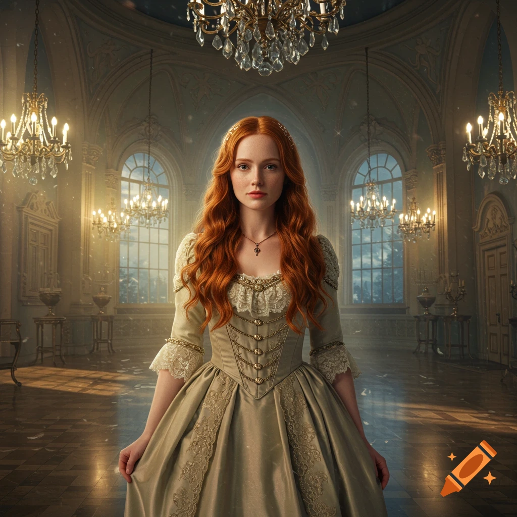 A woman with long, flowing red hair and a historical, ornate ball gown stands in a grand, richly decorated ballroom with chandeliers.