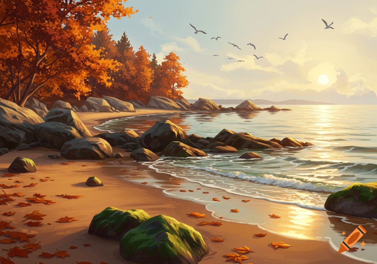 Stylized illustration of an autumn beach at sunset, with orange trees, rocks, and birds flying over the calm water.
