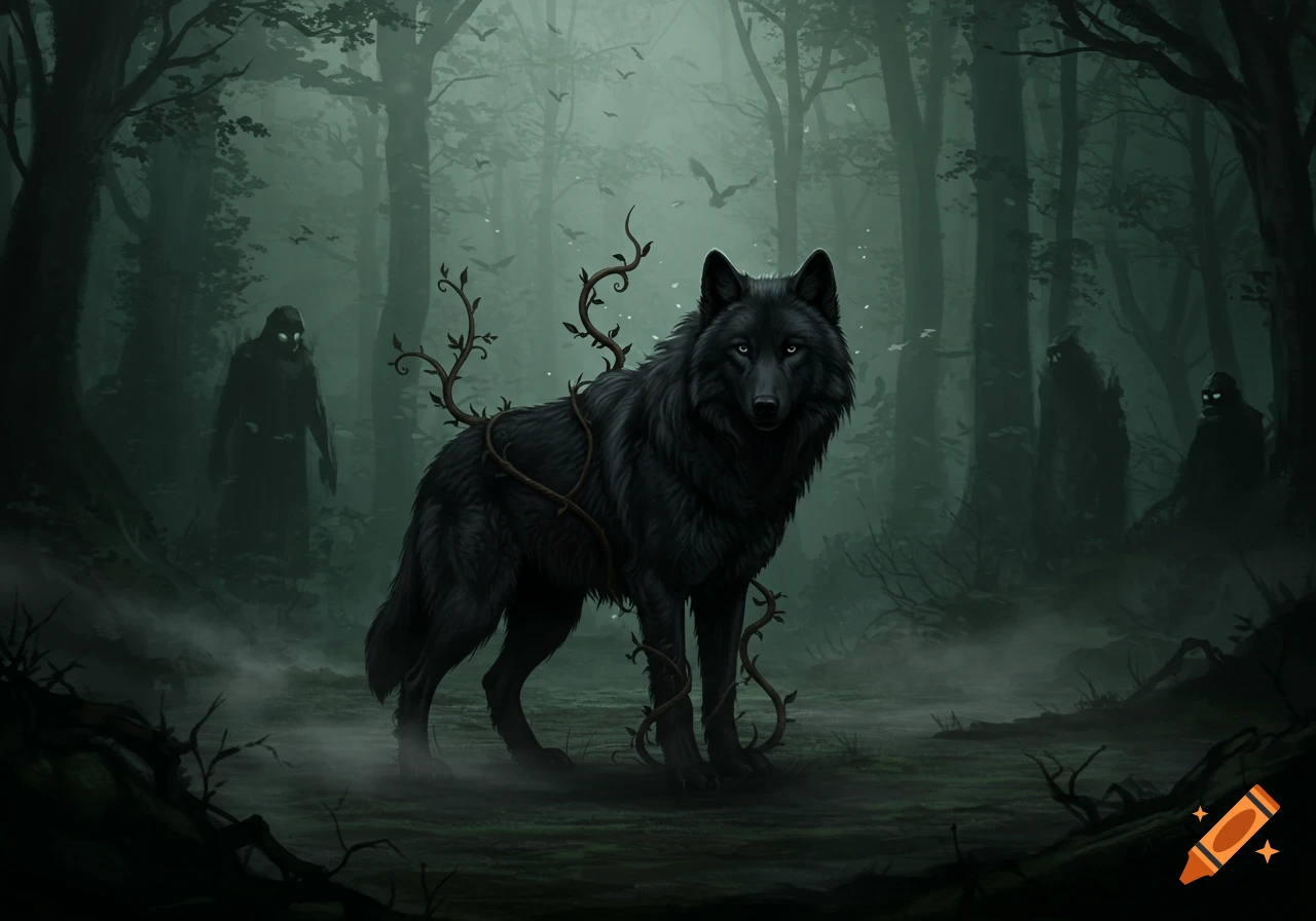 A black wolf with glowing eyes and vines wrapped around its body stands in a dark, foggy forest with shadowy figures.