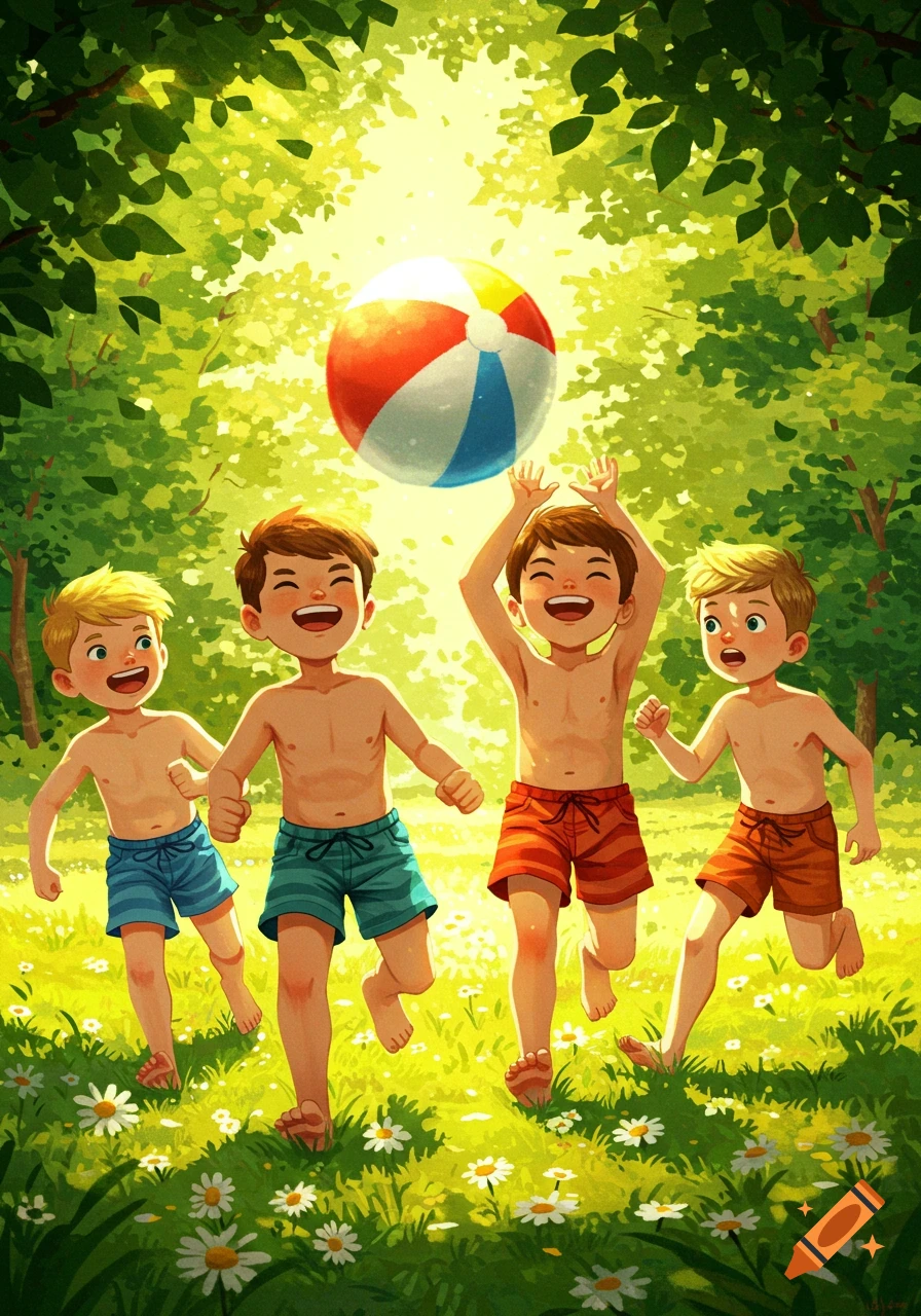 Four smiling cartoon boys in swim shorts play with a colorful beach ball in a sunlit, grassy park with trees and daisies.