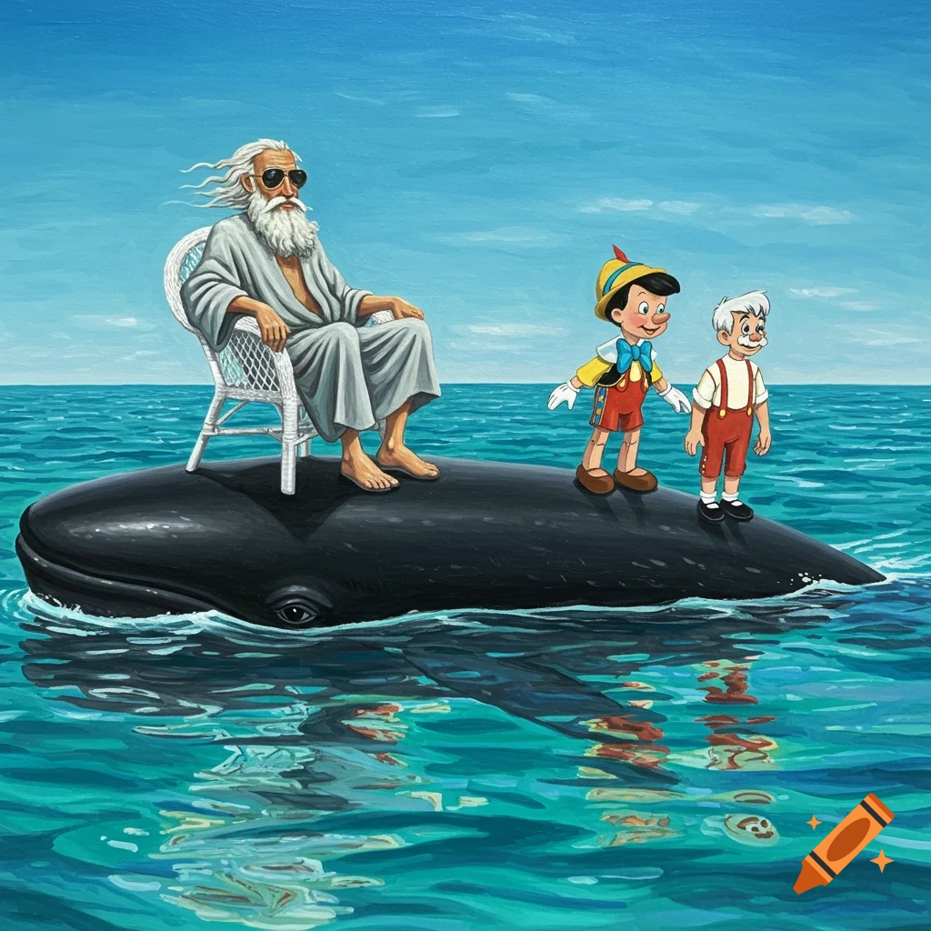 An old man with a long white beard and sunglasses sits in a white wicker chair on a black whale. Pinocchio and Geppetto stand beside him. They are floating on a turquoise ocean under a blue sky, in a David Hockney-inspired painting style.