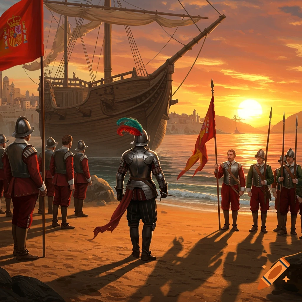Spanish conquistadors on a beach with a large ship and coastal city at sunset, dramatic lighting.