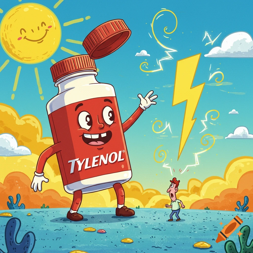 A giant cartoon Tylenol bottle character waves as a lightning bolt strikes towards a small, terrified man in a sunny landscape.