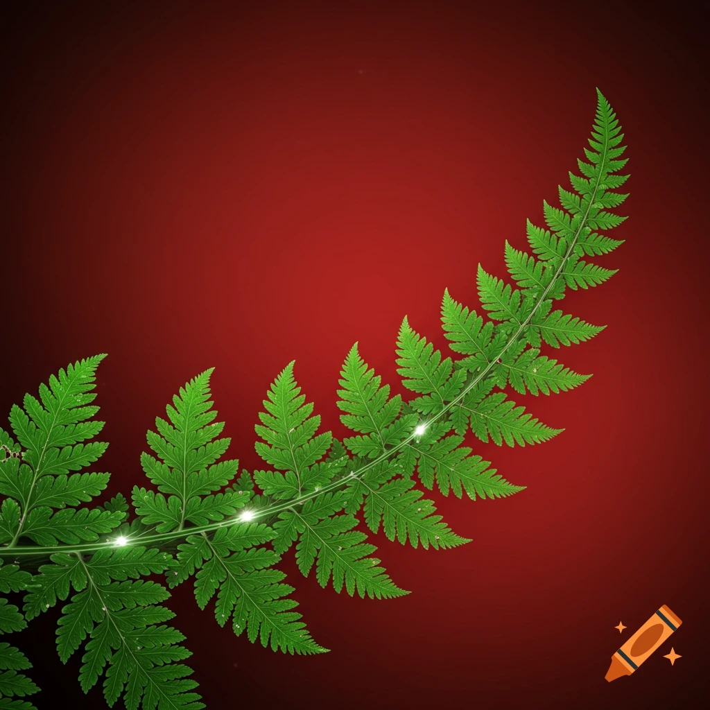A vibrant green fern plant curves diagonally on a deep red gradient background, with sparkling white highlights.
