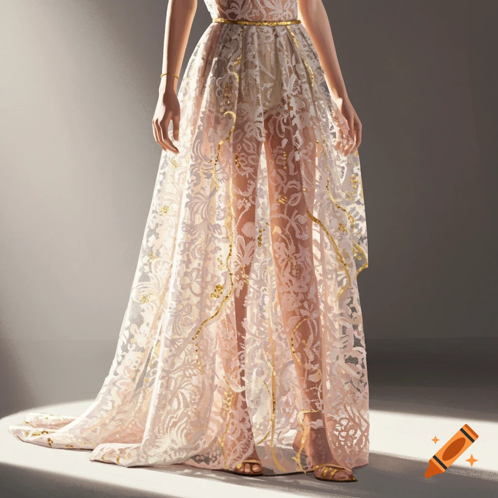 A person wears a long, sheer white lace dress with gold patterns and a gold belt, standing under a spotlight.