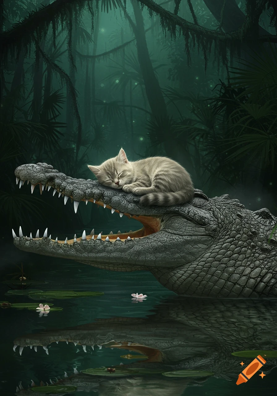 A sleeping gray tabby cat rests on the open mouth of a large crocodile in a dark, misty jungle swamp.