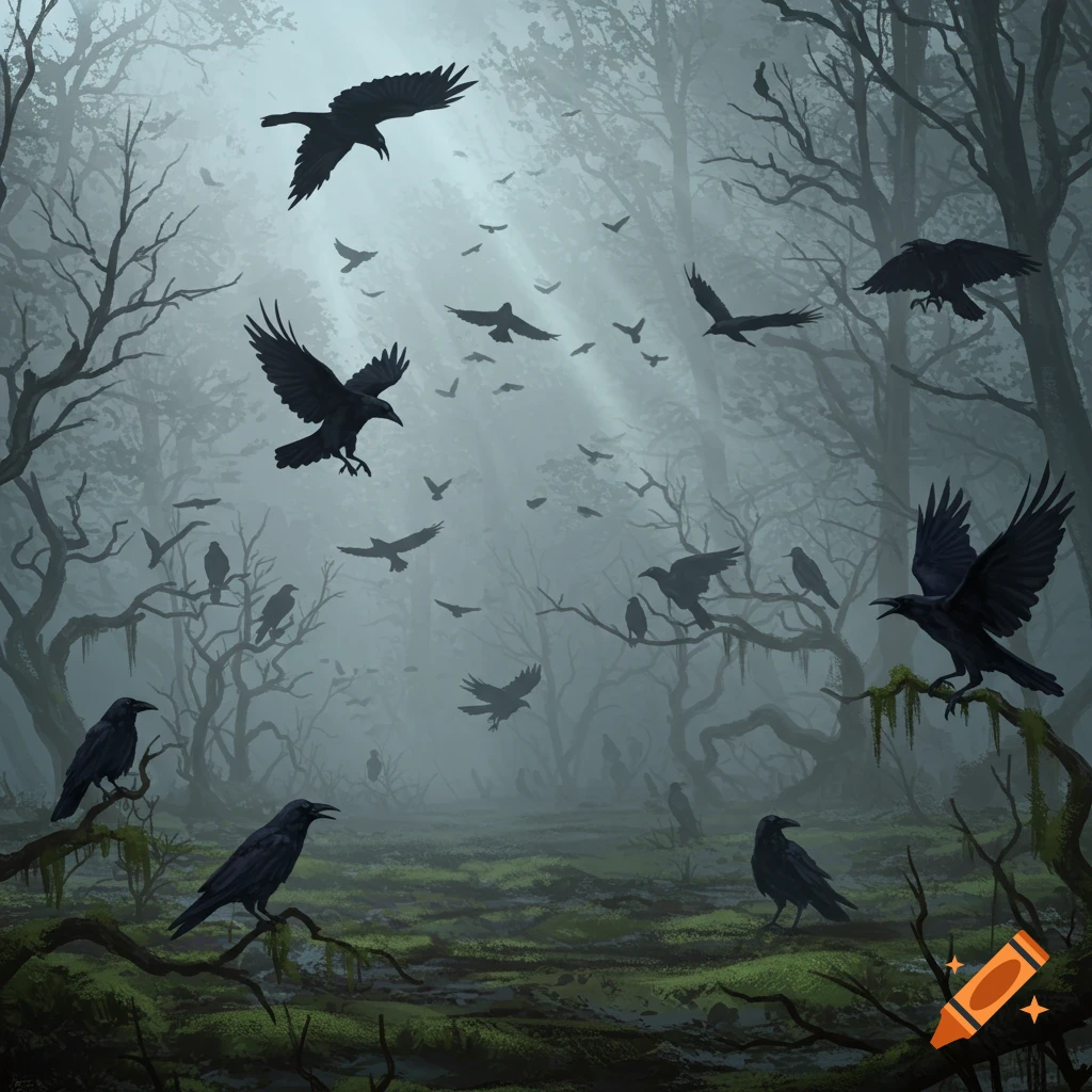 Illustration of numerous black crows flying and perching in a dark, misty forest clearing.