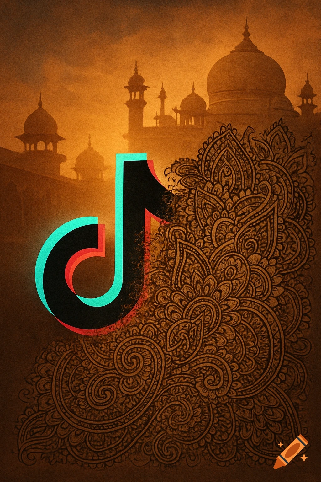 The TikTok logo overlays golden Indian temple architecture and intricate traditional patterns.