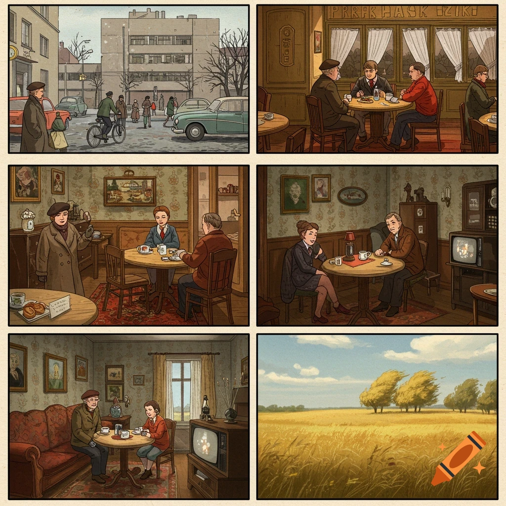 A 6-panel vintage comic strip showing daily life in 1970s Poland: street scenes, people in cafes and indoors, and a golden field.