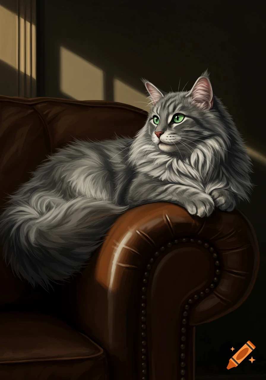 A gray, fluffy cat with striking green eyes rests gracefully on a brown leather couch, with warm light and shadows.
