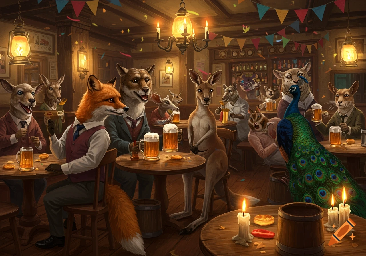 Anthropomorphic animals like a fox, kangaroos, and a peacock are socializing and drinking beer in a dimly lit pub.