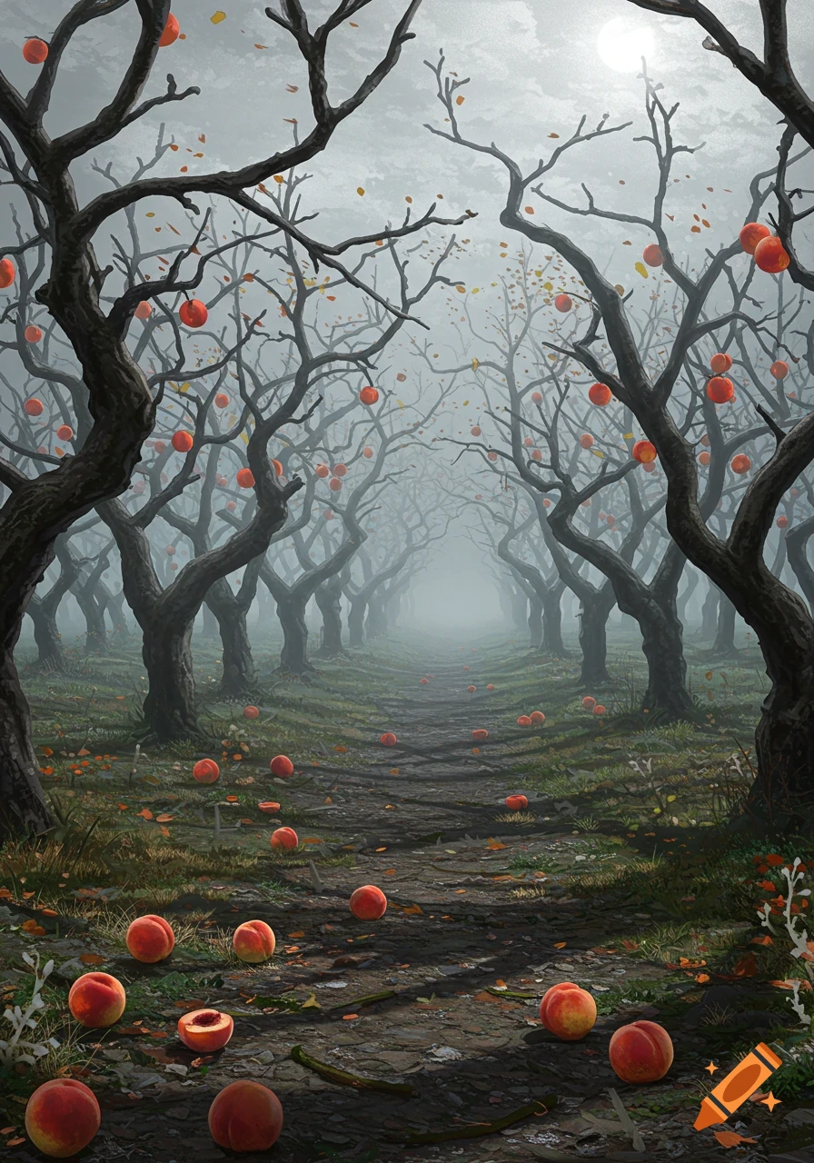 A foggy, creepy old orchard with bare, gnarled trees and scattered red-orange peaches on the branches and ground, under a misty sky.
