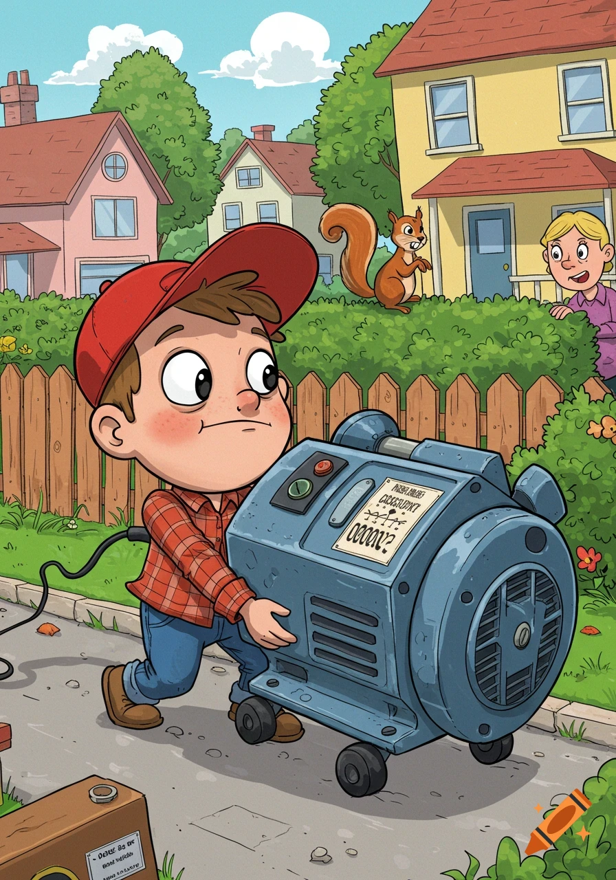 A cartoon boy in a red cap and plaid shirt pulls a large blue electric motor on wheels down a suburban sidewalk as a woman and squirrel watch.