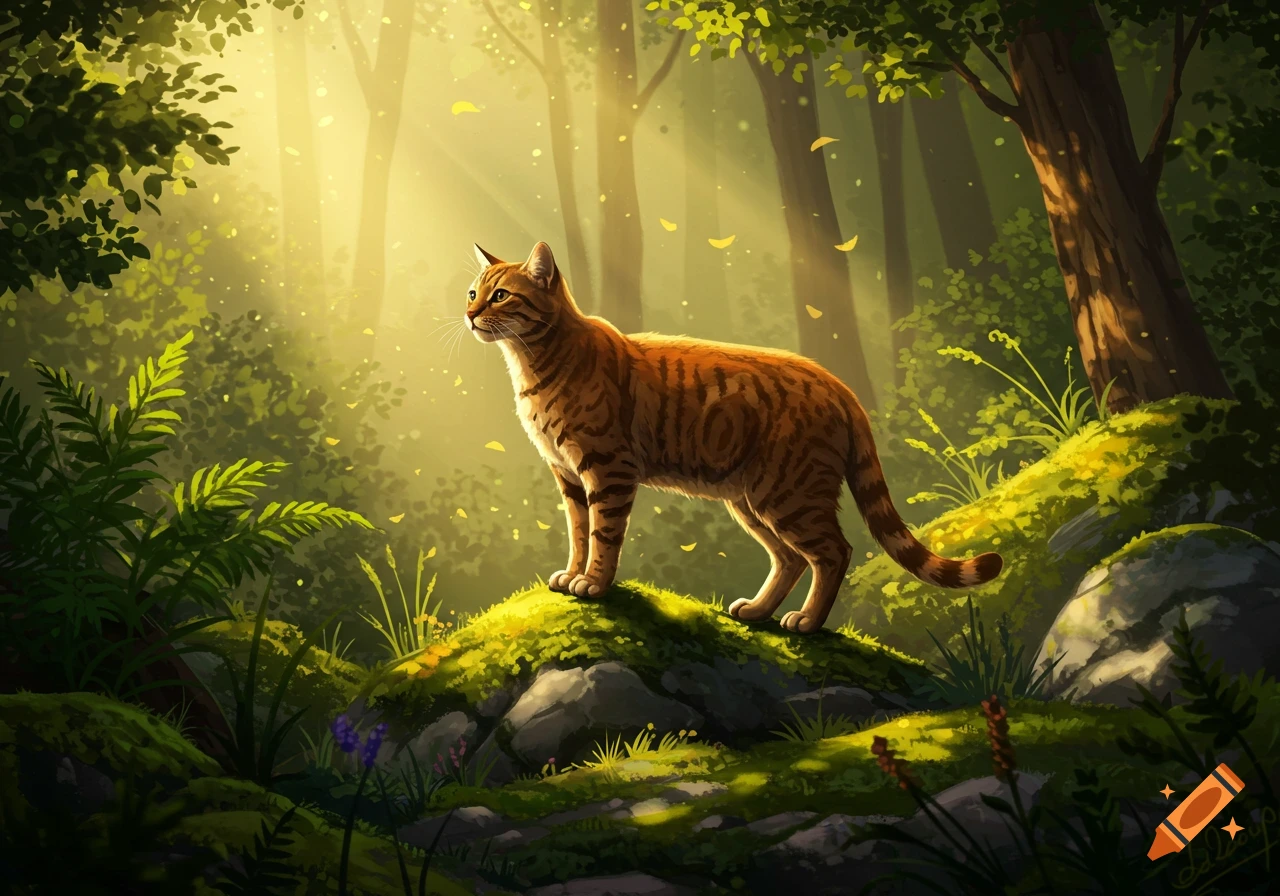 A tabby cat stands on a mossy rock in a sunlit forest, dappled light filtering through the trees, in a painterly style.