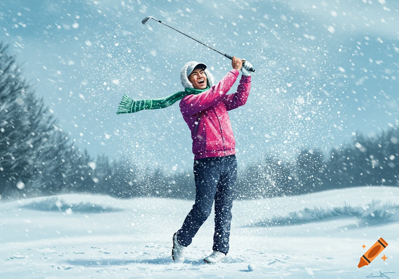 A happy golfer in a pink jacket and green scarf swings a golf club in a snowy landscape with heavy snowfall, an illustration.