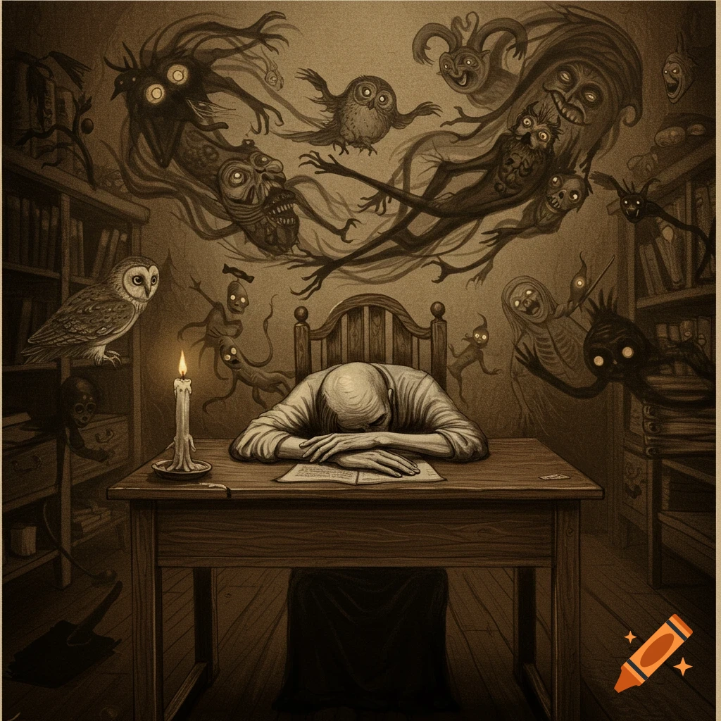 A person sleeps at a desk, surrounded by grotesque, ghostly monsters, an owl, and bookshelves in a dark, stylized illustration.
