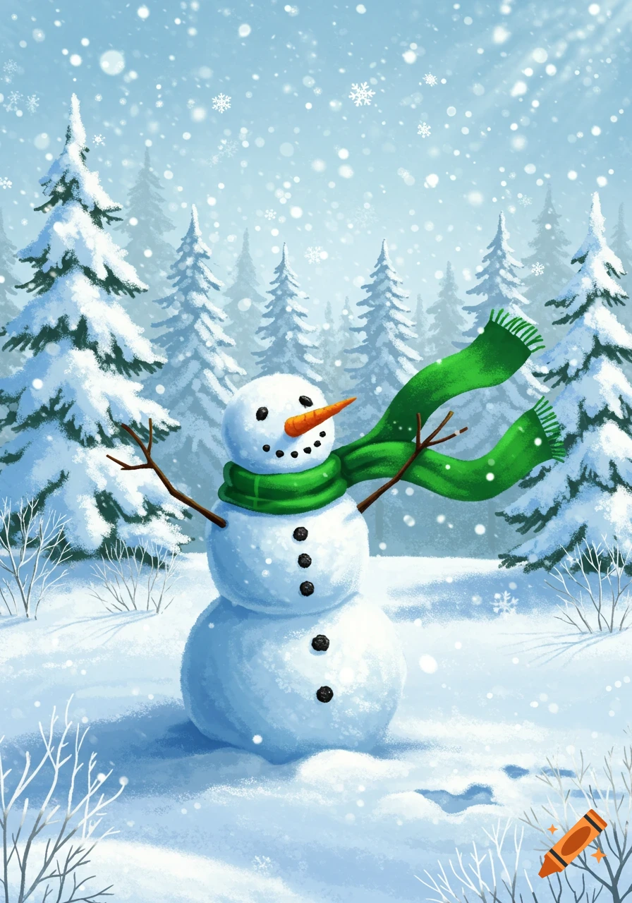 A cheerful snowman with a green scarf and twig arms stands in a snowy forest as snowflakes fall, in an illustration style.