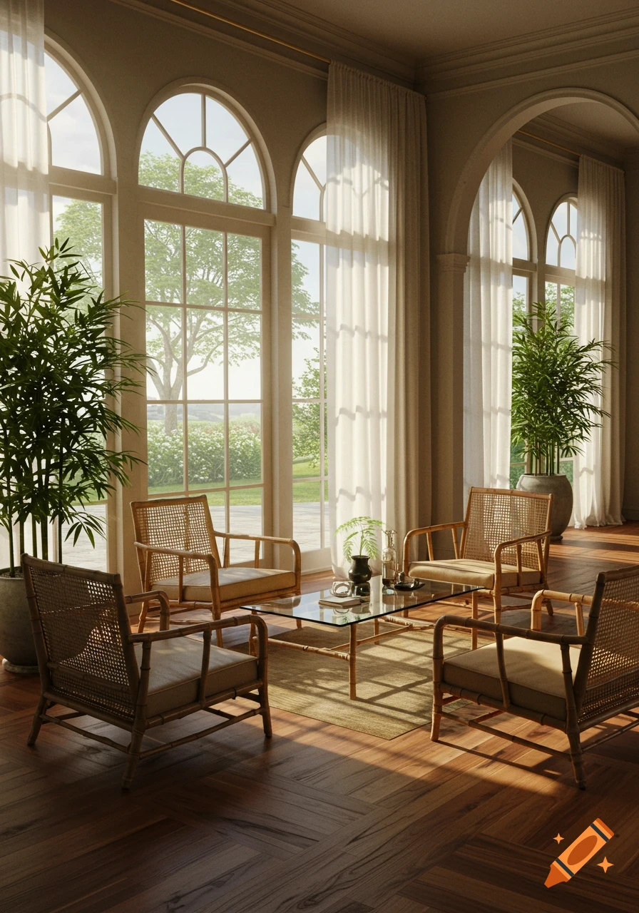 A bright sitting area with bamboo chairs, a glass coffee table, and potted plants, looking out through tall arched windows to a sunny garden.