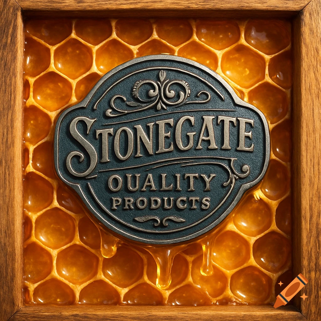 A bronze-colored label reading 'STONEGATE QUALITY PRODUCTS' centered on golden honeycomb with dripping honey, set in a wooden frame.