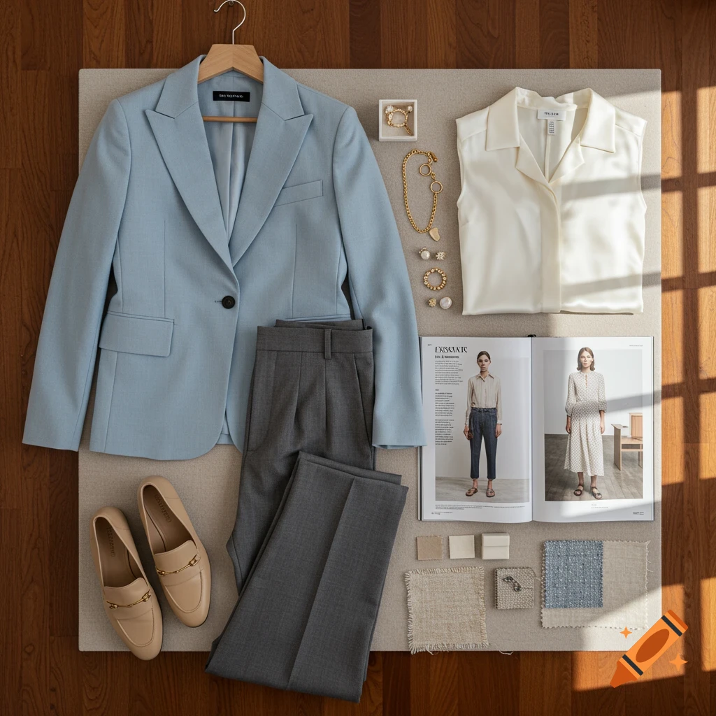 A flat lay showcasing a light blue blazer, grey trousers, a white sleeveless shirt, beige loafers, gold jewelry, and an open fashion magazine on a light board.