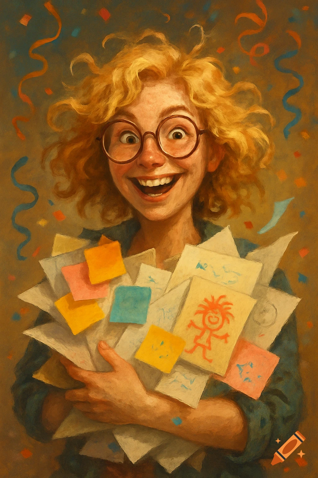 A vibrant, painterly portrait of a joyfully smiling woman with curly blonde hair and glasses, holding a stack of colorful notes.