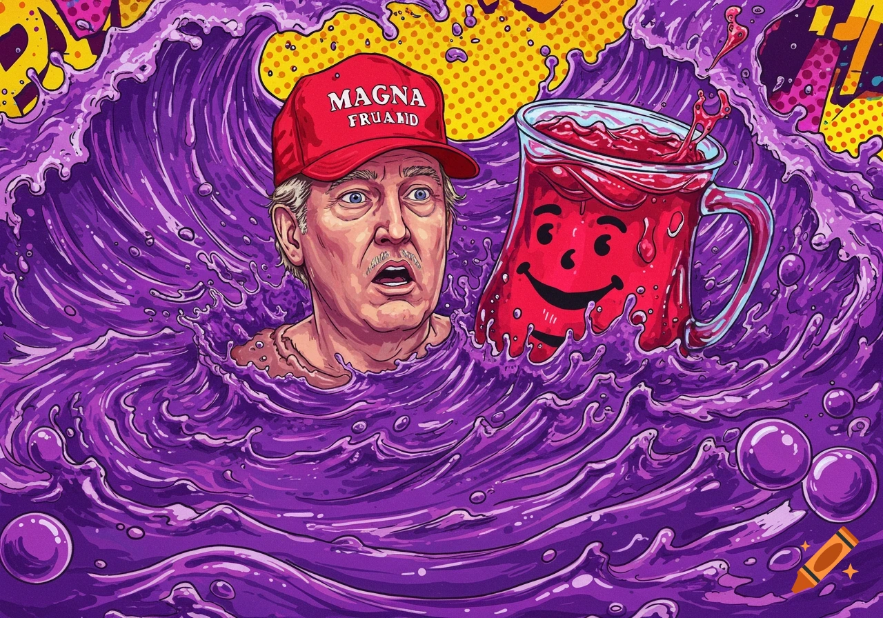 A cartoon illustration of a man with a red hat and a mustache drowning in purple liquid waves next to a smiling red Kool-Aid pitcher.