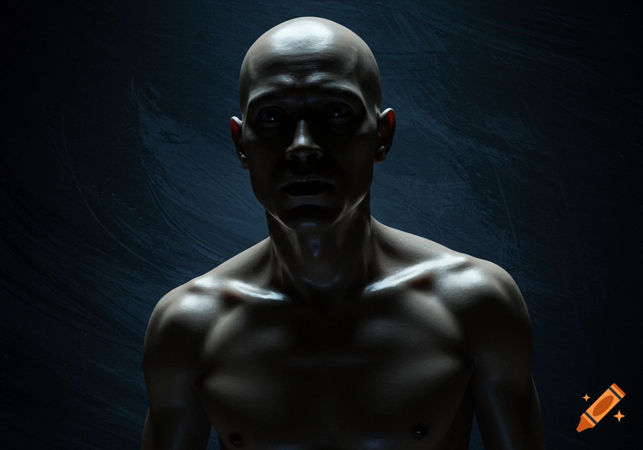 A dark, dramatic close-up portrait of a glistening bald man with bulging eyes and a worried expression, in a photo-painting style.