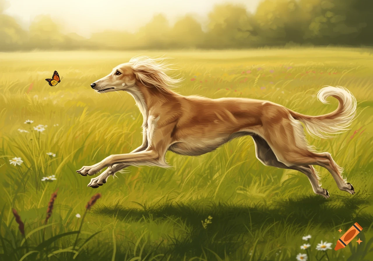 A blonde Saluki dog with long ear hair runs through a sunny grassy field, chasing an orange butterfly, in an illustrative style.