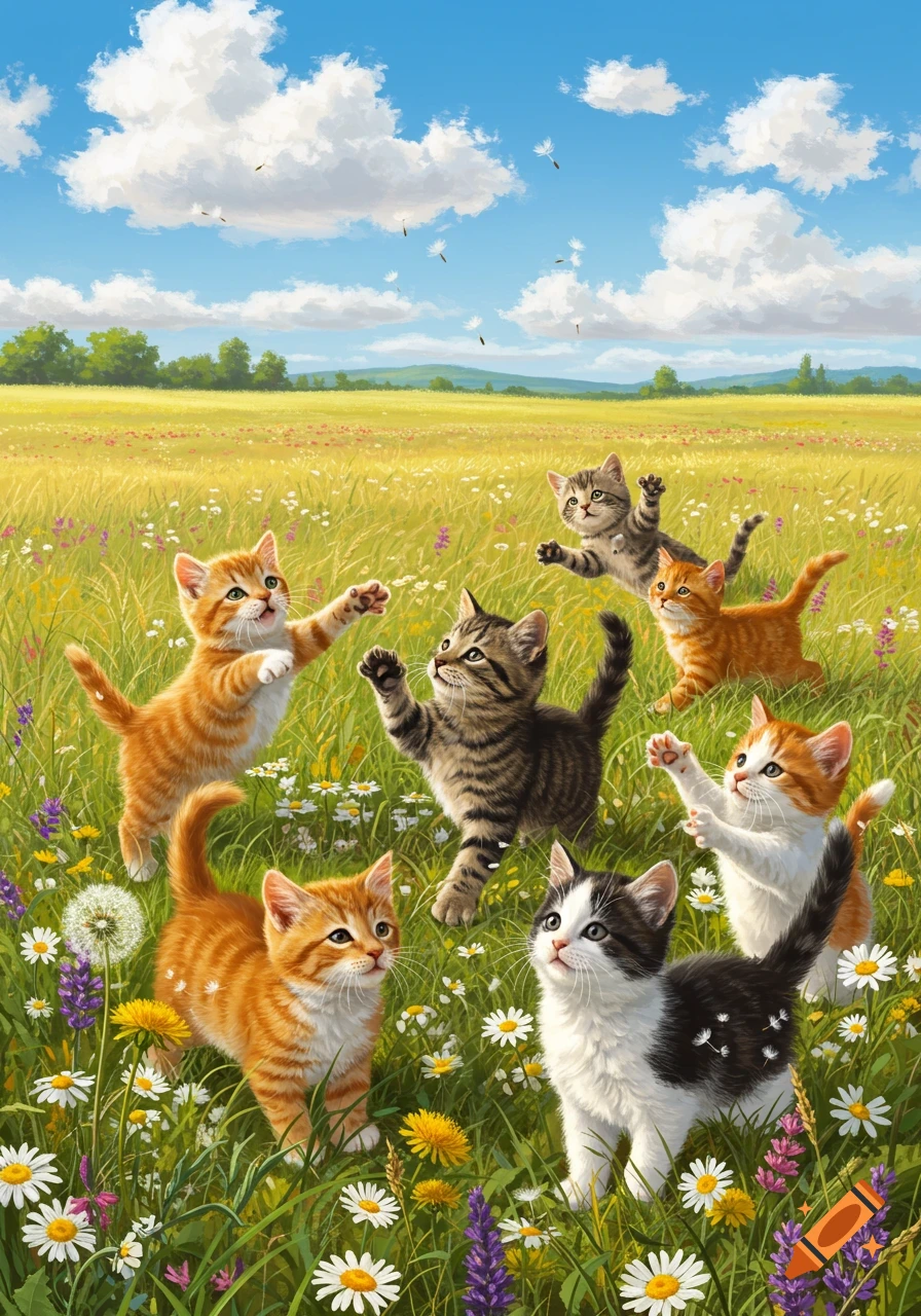 Several cute kittens play in a vibrant field of green grass and colorful wildflowers under a bright blue sky with clouds.