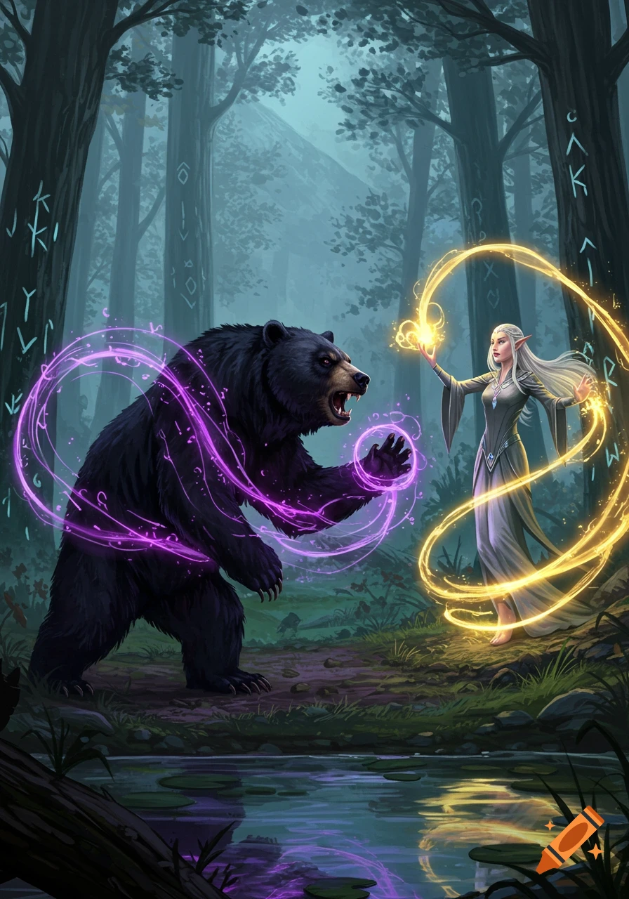 An elf and a black bear battle with opposing magic in a mystical forest, near a reflective pond.