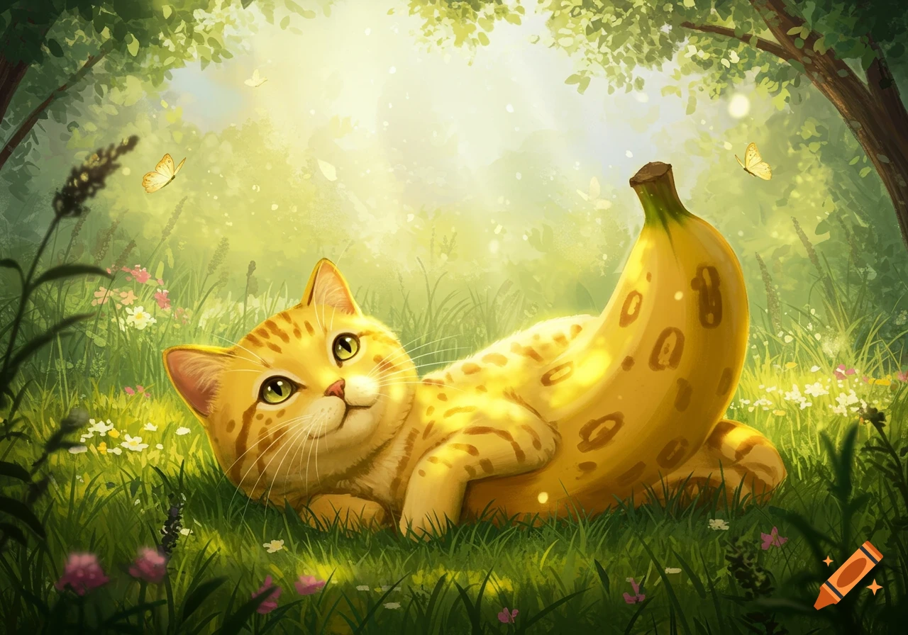 A cute, smiling banana cat with green eyes lies in a sunny, lush green meadow with wildflowers and butterflies, digital art.