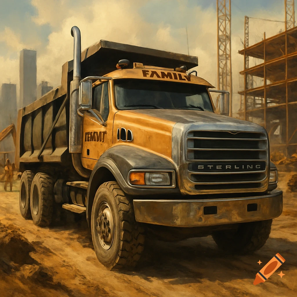 A yellow and grey Sterling dump truck in a painted style stands on a dirt ground at a construction site with buildings and cranes in the background.