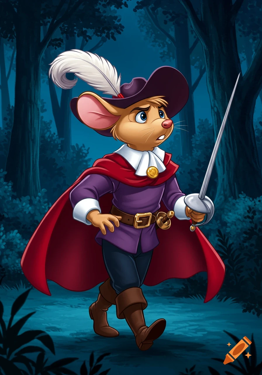 A nervous anthropomorphic brown mouse musketeer in a red cape and purple hat, holding a rapier, walks through a dark forest at night in a cartoon style.