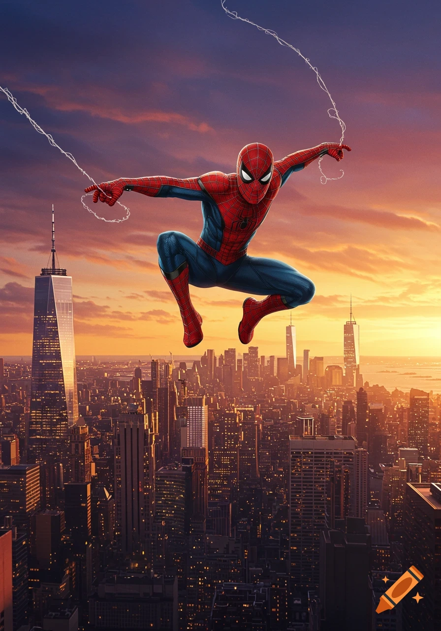 Spiderman in his red and blue suit swings above a vibrant city skyline at sunset, casting webs from his hands.