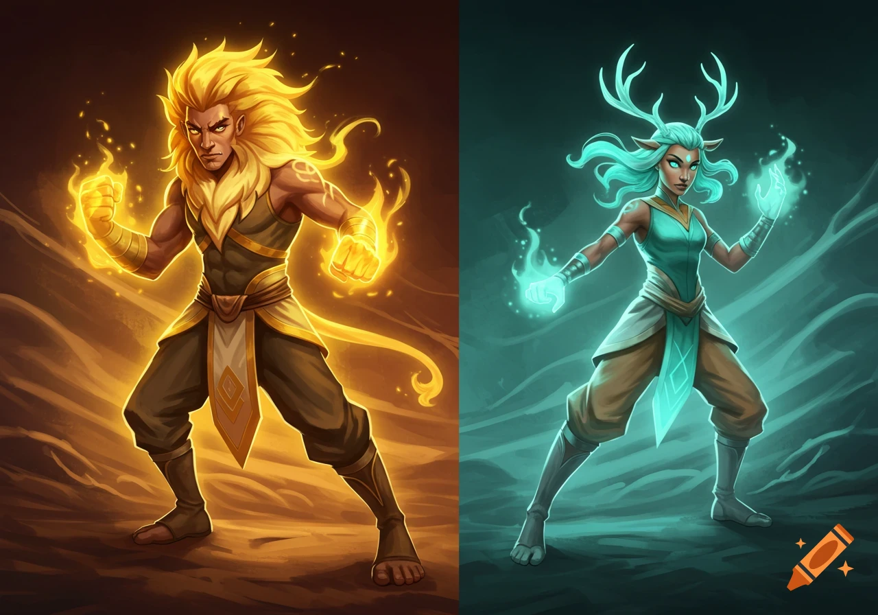 Two stylized fantasy characters in battle stance: a man with golden lion's mane hair and fire aura, and a woman with turquoise deer antlers and icy energy.