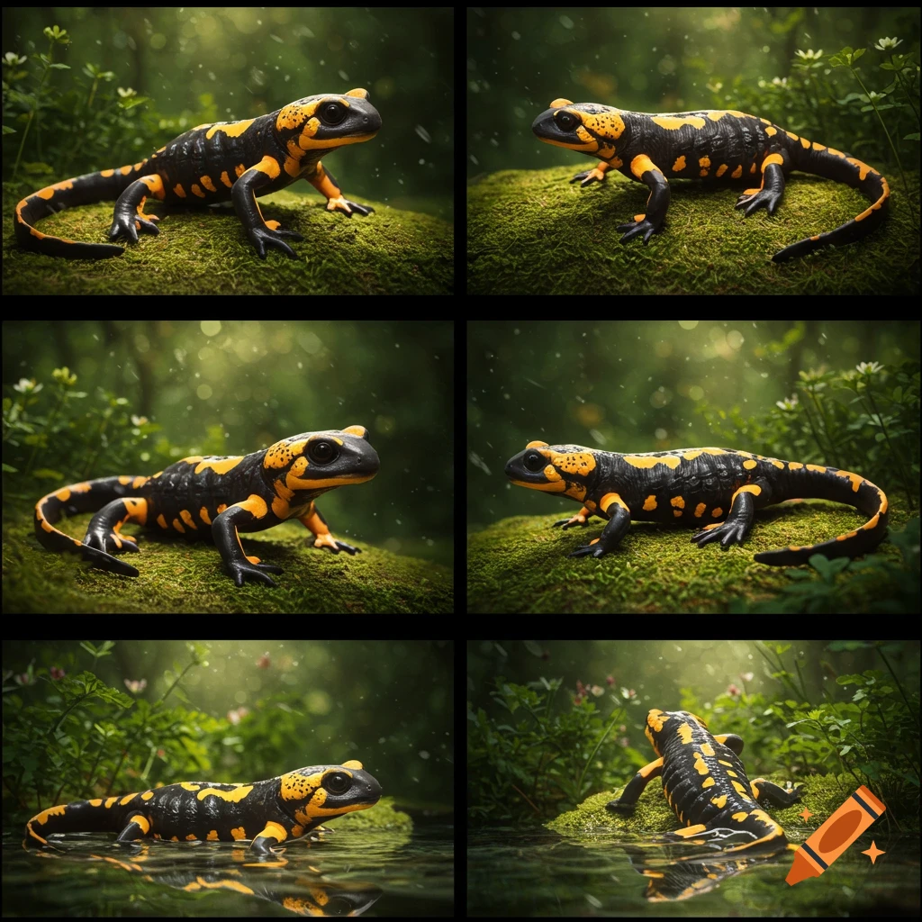 Six detailed photorealistic images of yellow and black fire salamanders in a lush green mossy forest environment.