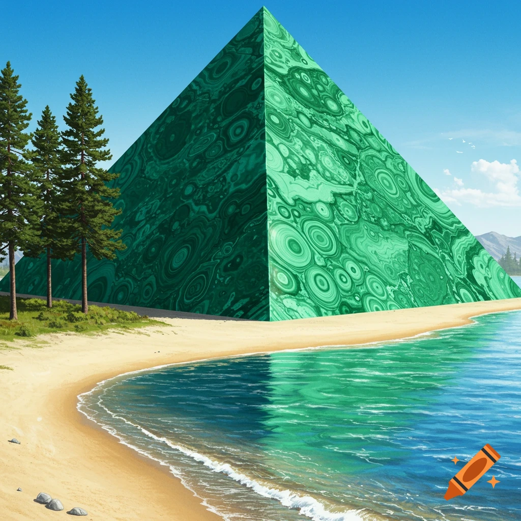 A giant pyramid made of green malachite stands on a sandy beach next to a calm lake, with pine trees on the left under a blue sky.