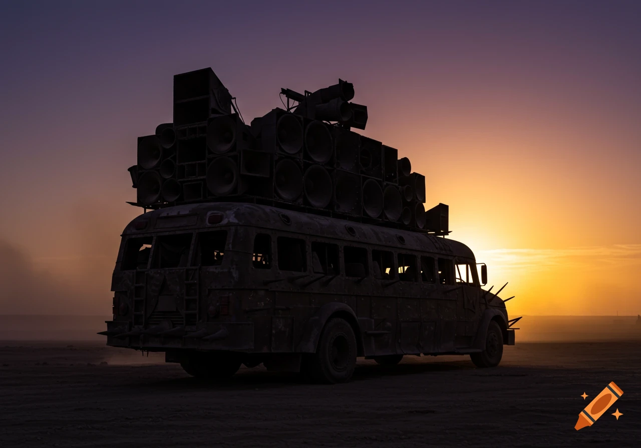 A dark silhouette of a Mad Max-style bus with many large speakers on its roof, set against a vibrant orange and purple sunset in a barren landscape.