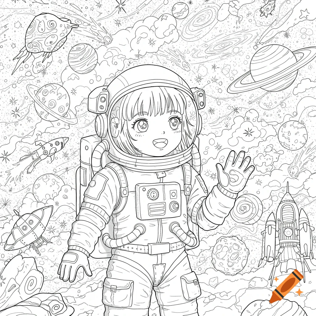 Line art coloring page of a smiling anime girl astronaut waving in space surrounded by planets, rockets, and stars.