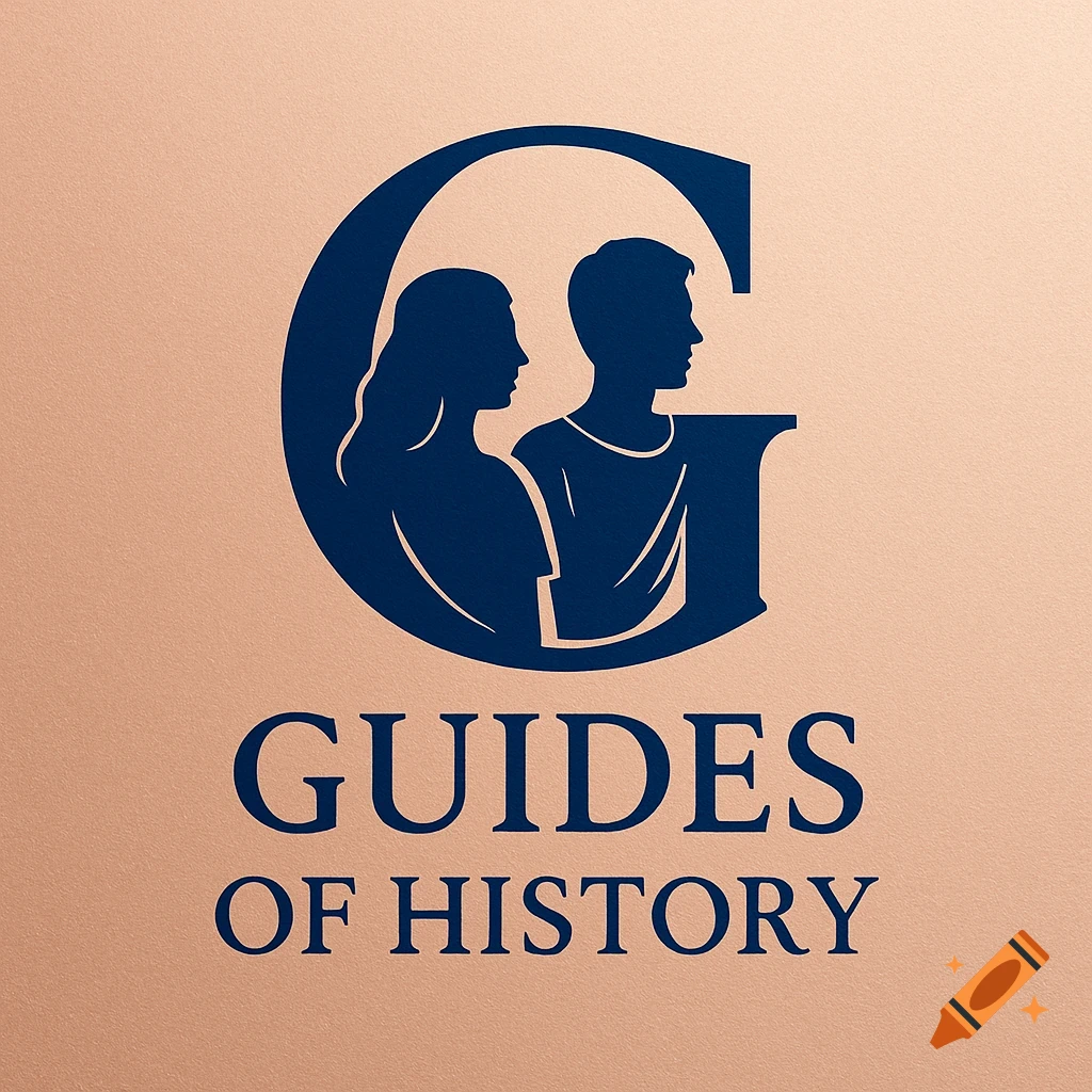A logo with a large, royal blue 'G' containing the silhouettes of a man and a woman, above the text 'GUIDES OF HISTORY' on a rose gold background.