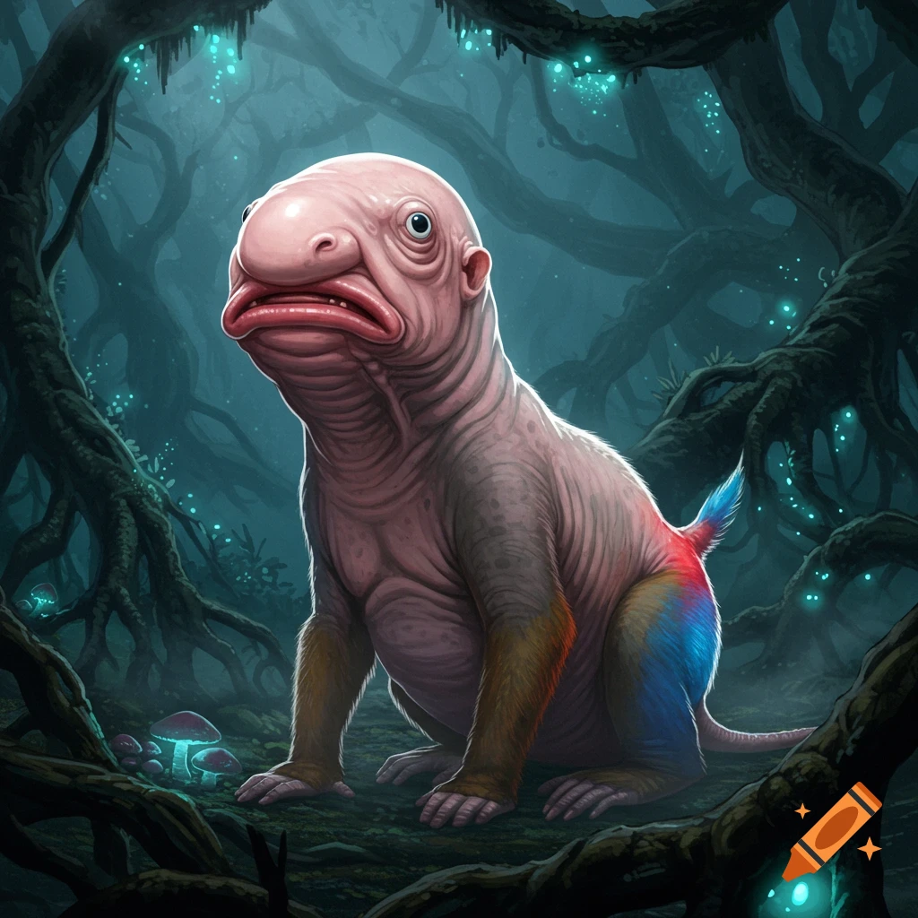 A pink, hairless creature with a blobfish head, mole-rat body, and baboon-like hindquarters sits in a dark, glowing fantasy forest.