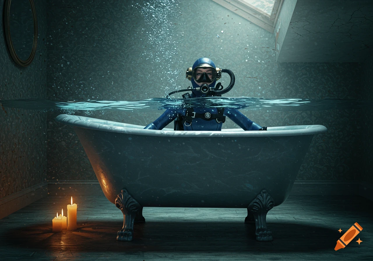 A person in a blue wetsuit and scuba gear sits submerged in a bathtub with water splashing, lit by candles in a dim room.