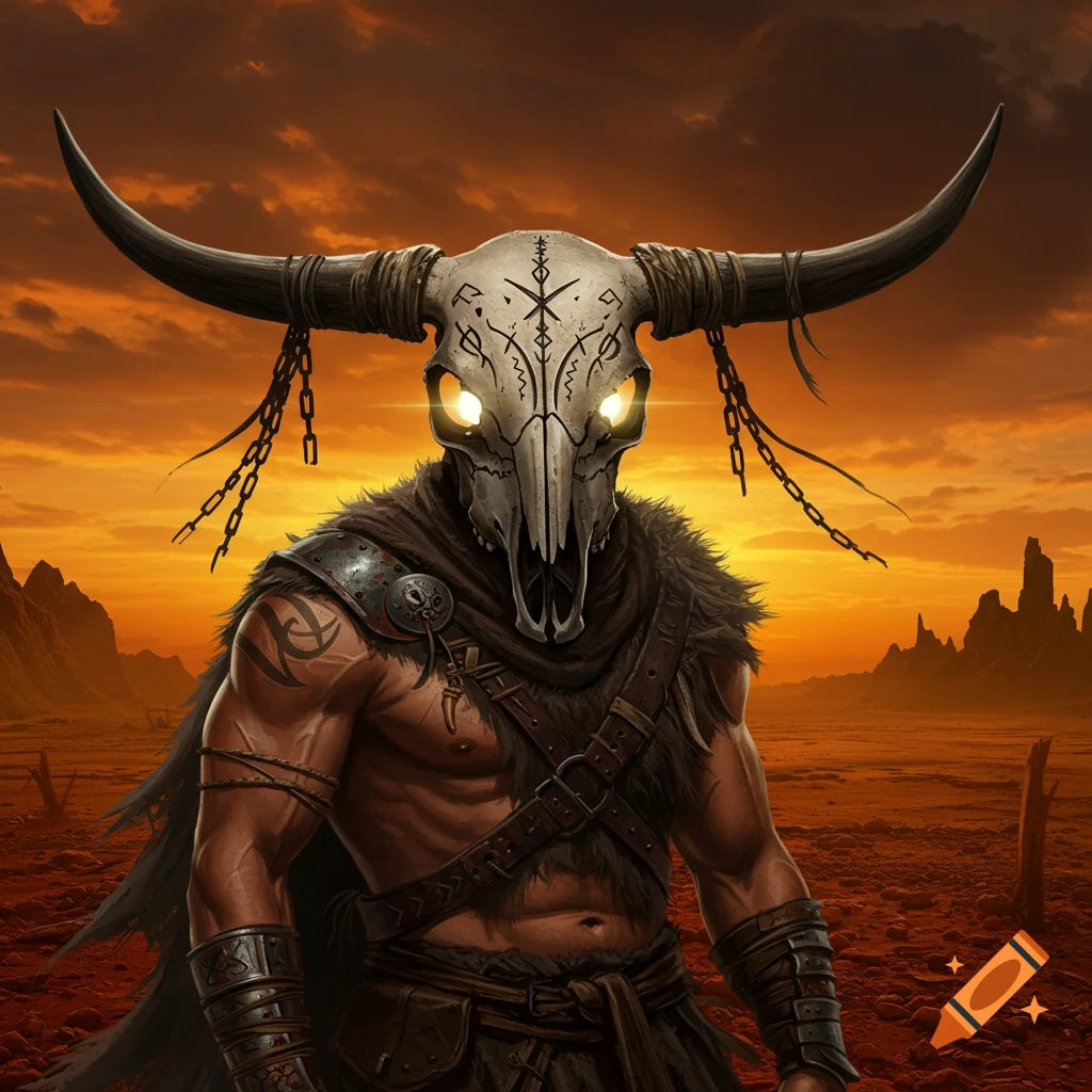 Muscular warrior in a bull skull helmet with glowing eyes, chains, and tribal tattoos, standing in a fiery wasteland at sunset.