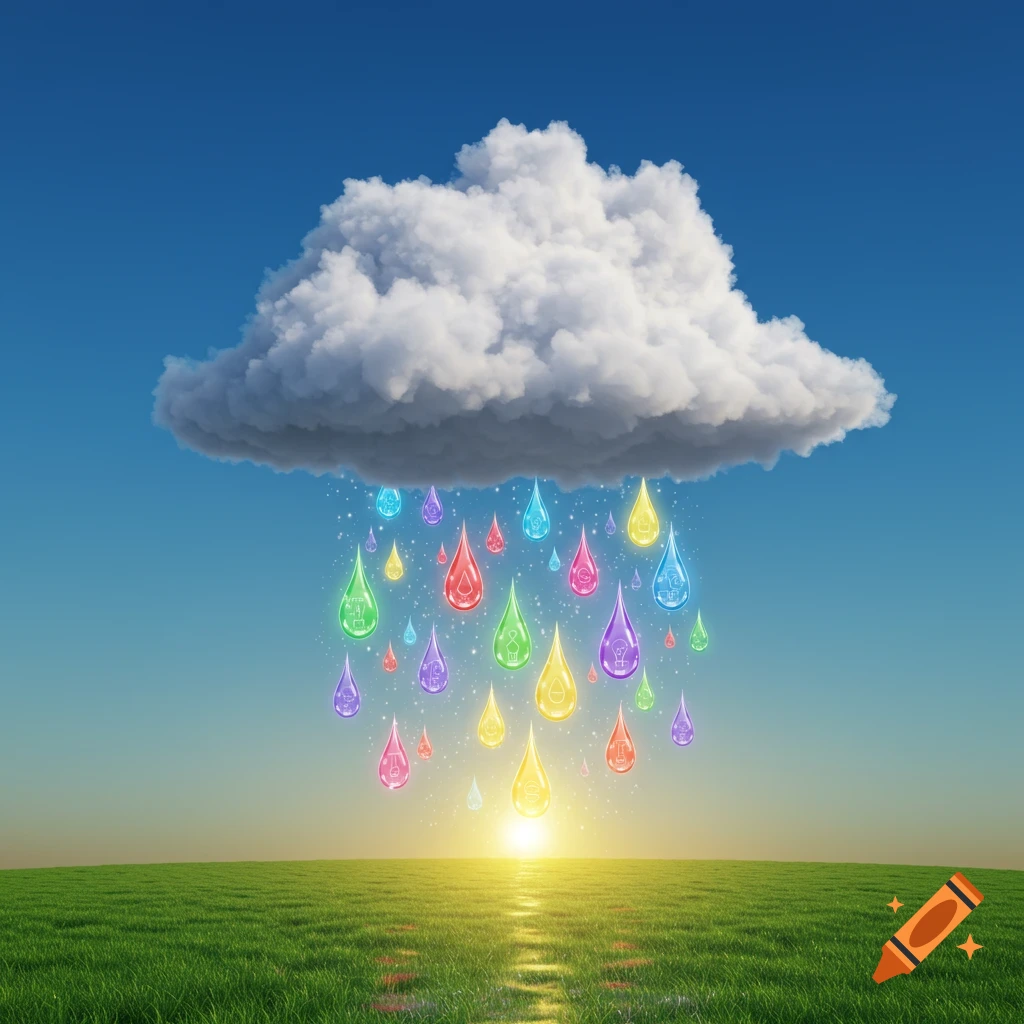 A fluffy white cloud rains colorful, glowing, lightbulb-shaped droplets onto a vibrant green field with the sun setting.