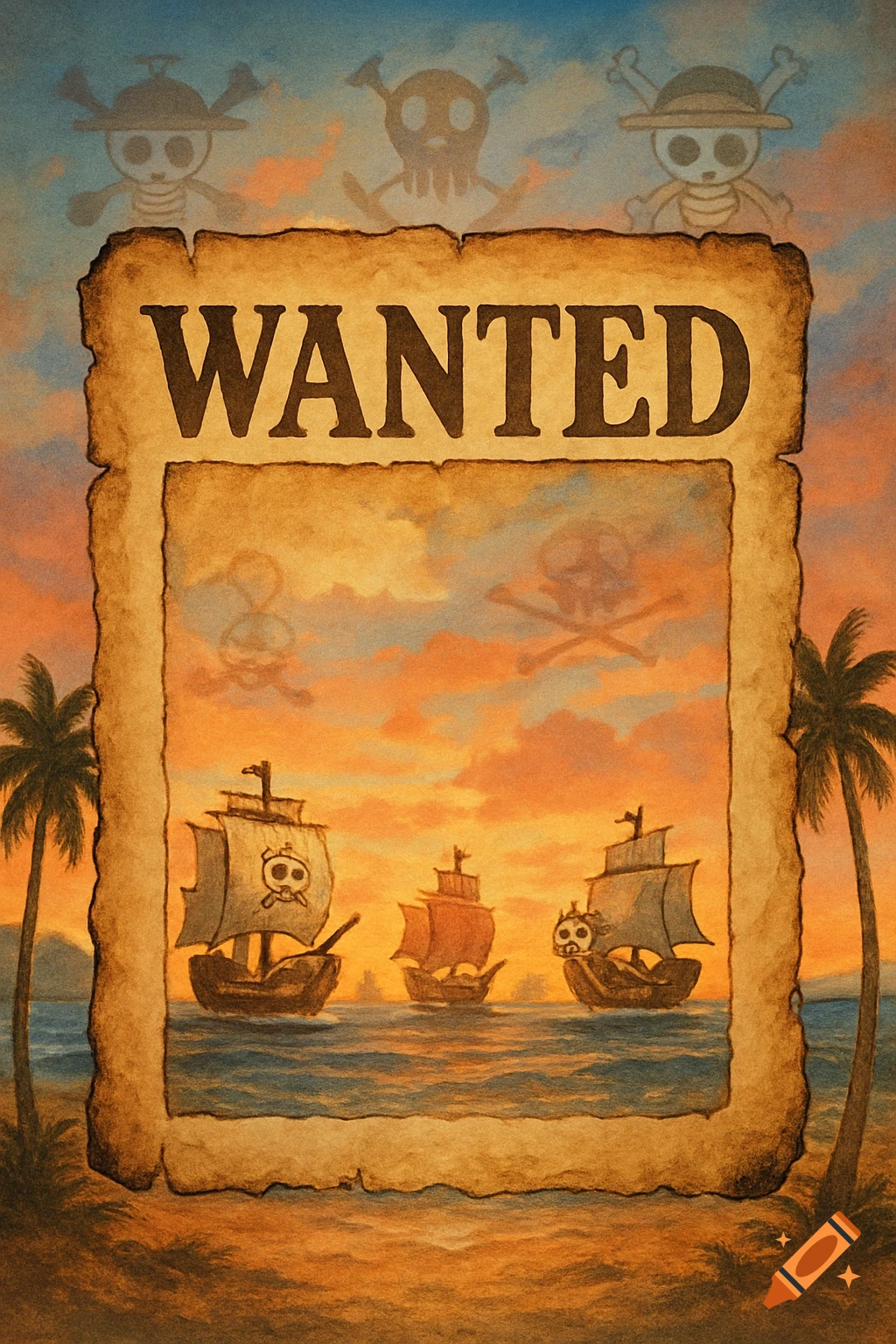 A vintage 'WANTED' poster with three pirate ships on a sunset sea framed by palm trees and skull and crossbones symbols. Watercolor style.