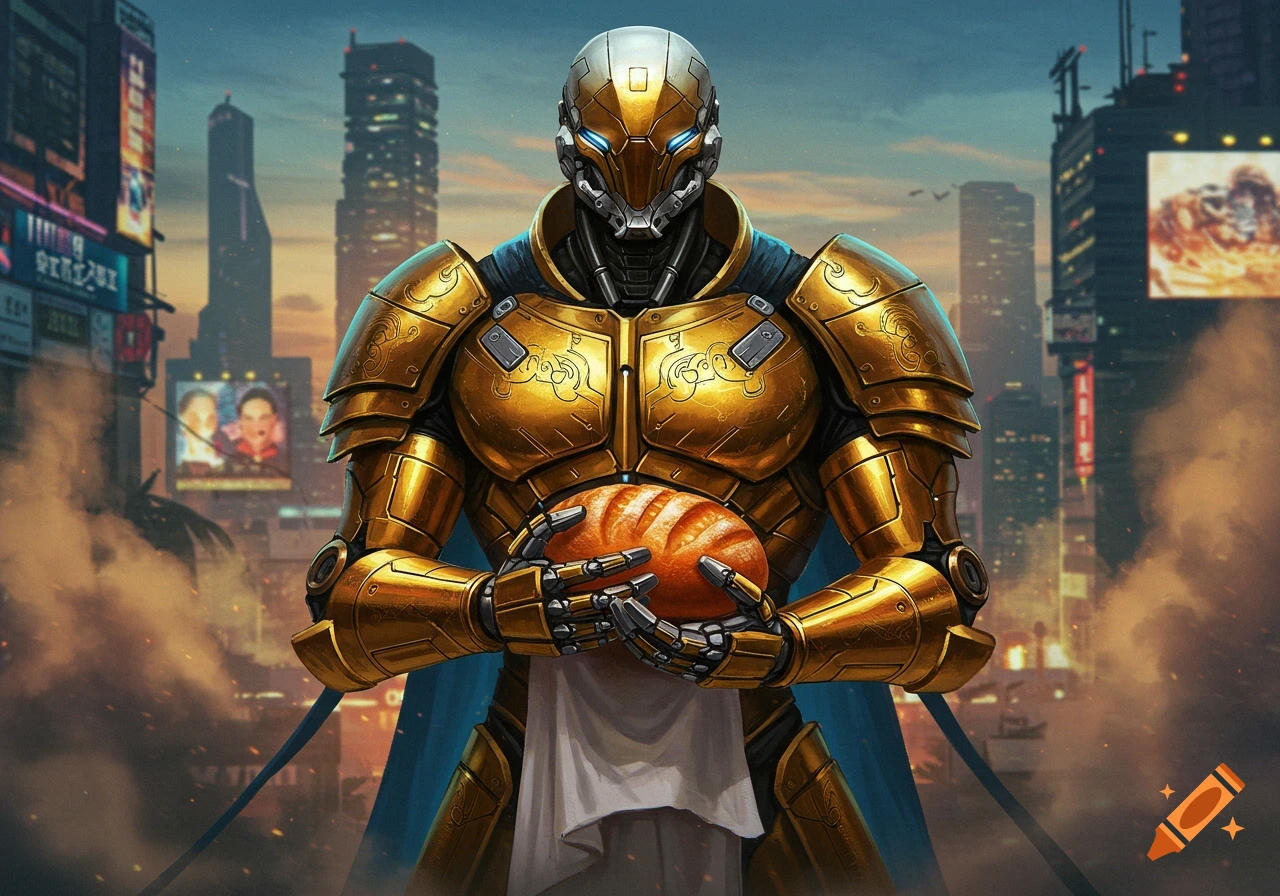 A golden armored futuristic robot holding a loaf of bread in a dystopian city at sunset, digital art.