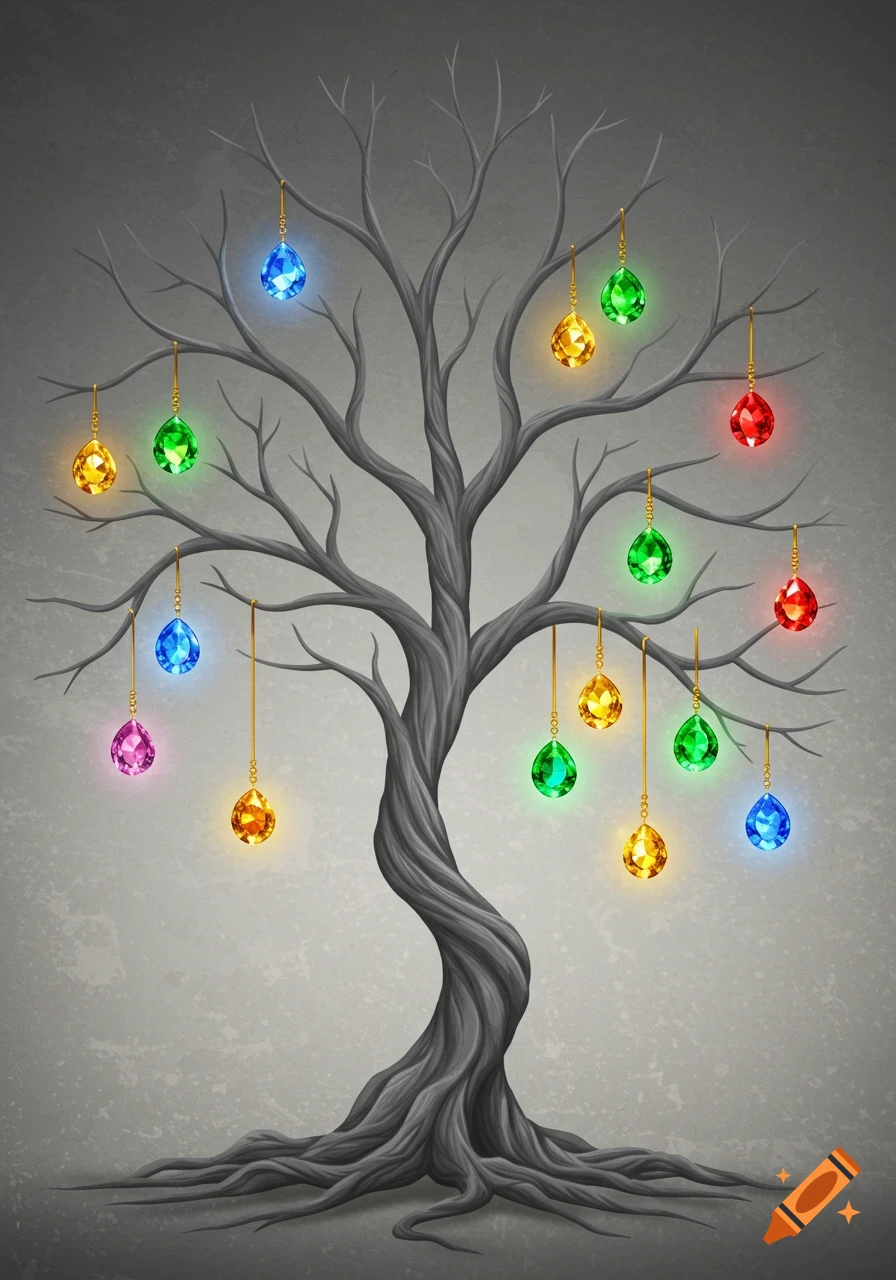 A grayscale bare tree with twisted roots and branches, from which numerous teardrop-shaped, multi-colored glowing gems hang by golden chains.