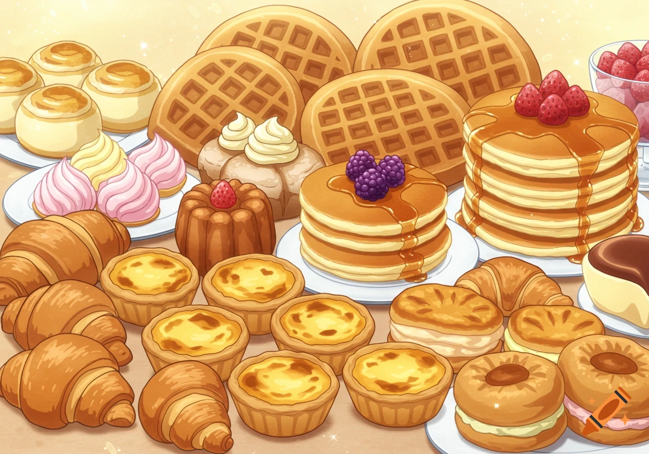 Anime-style illustration of a large spread of various desserts, including waffles, pancakes with berries, croissants, and egg tarts.