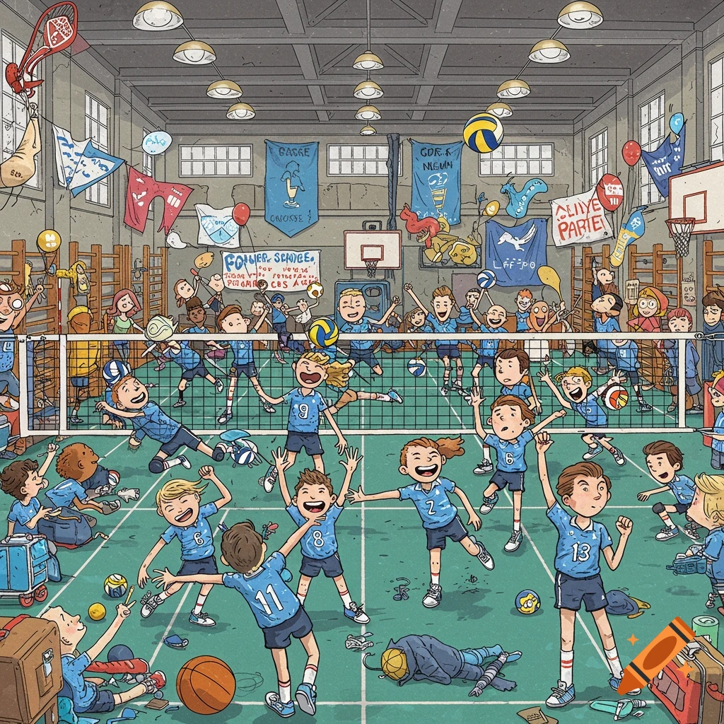 A busy cartoon illustration of many children playing volleyball in a crowded school gym, in the detailed 'Jan van Haasteren' style.